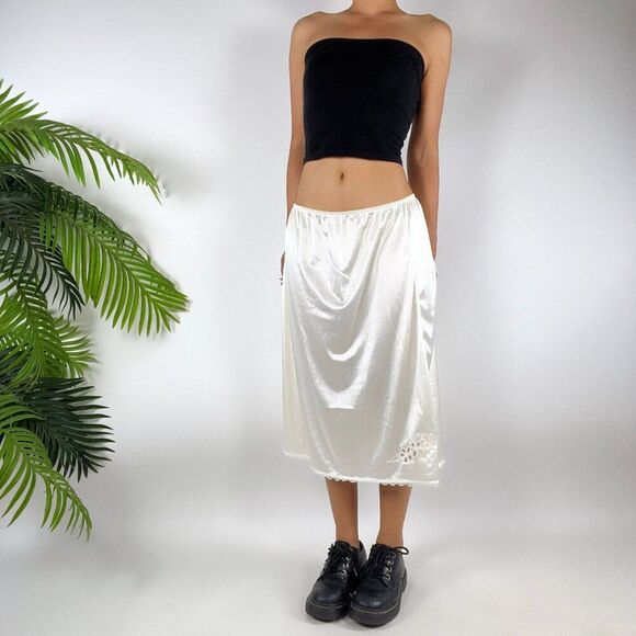 Vintage 90s White Coquette Cottagecore Angelcore Midi Lace Half Slip Skirt / 3X - Picture 5 of 9